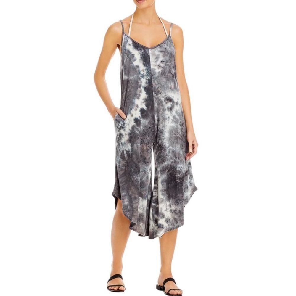 J Valdi Tie-Dyed Print Flowy Jumpsuit Charcoal Gray Women's Cover Up Size Large